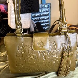 Patricia Nash Embossed Floral Leather Shoulder Bag – Olive Green – Tassel Accent